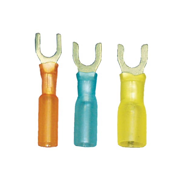 Fork Terminal, #6 Stud Size, 18 AWG, 600 V, Heat Shrink Insulated, Red, 100 PK